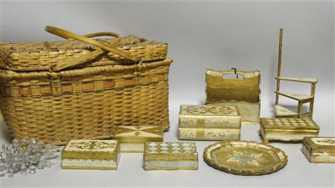 Appraisal: ITALIAN DESK SET AND WICKER BASKET The first including six