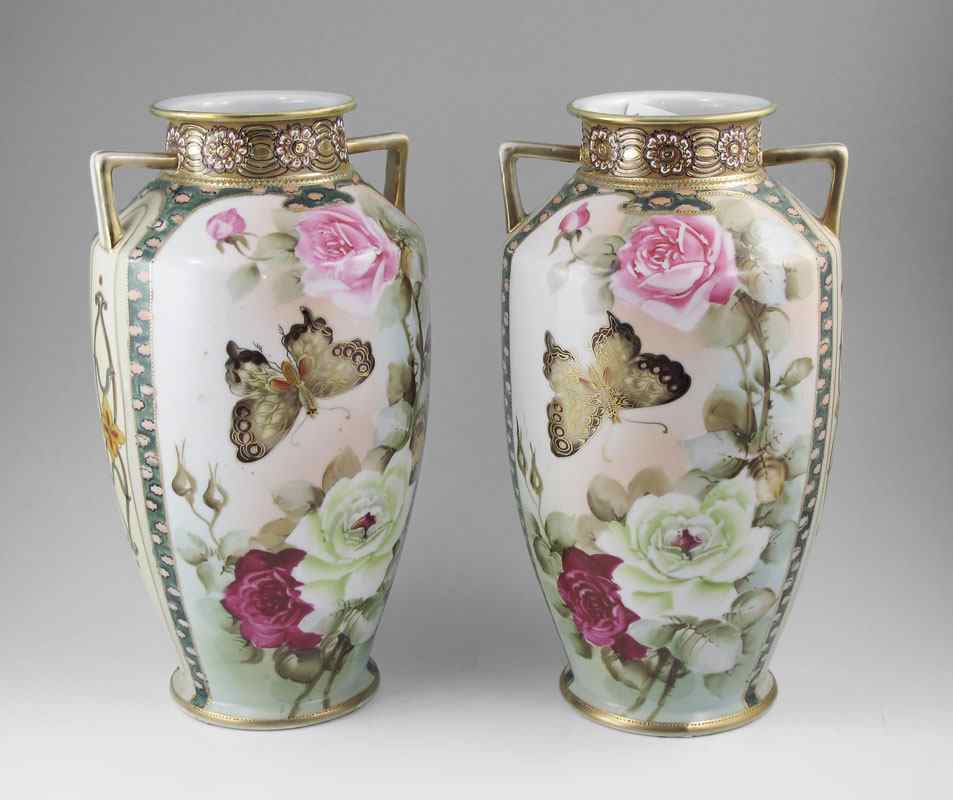 Appraisal: PAIR IMPERIAL NIPPON PORCELAIN VASES Hand painted rose and butterfly