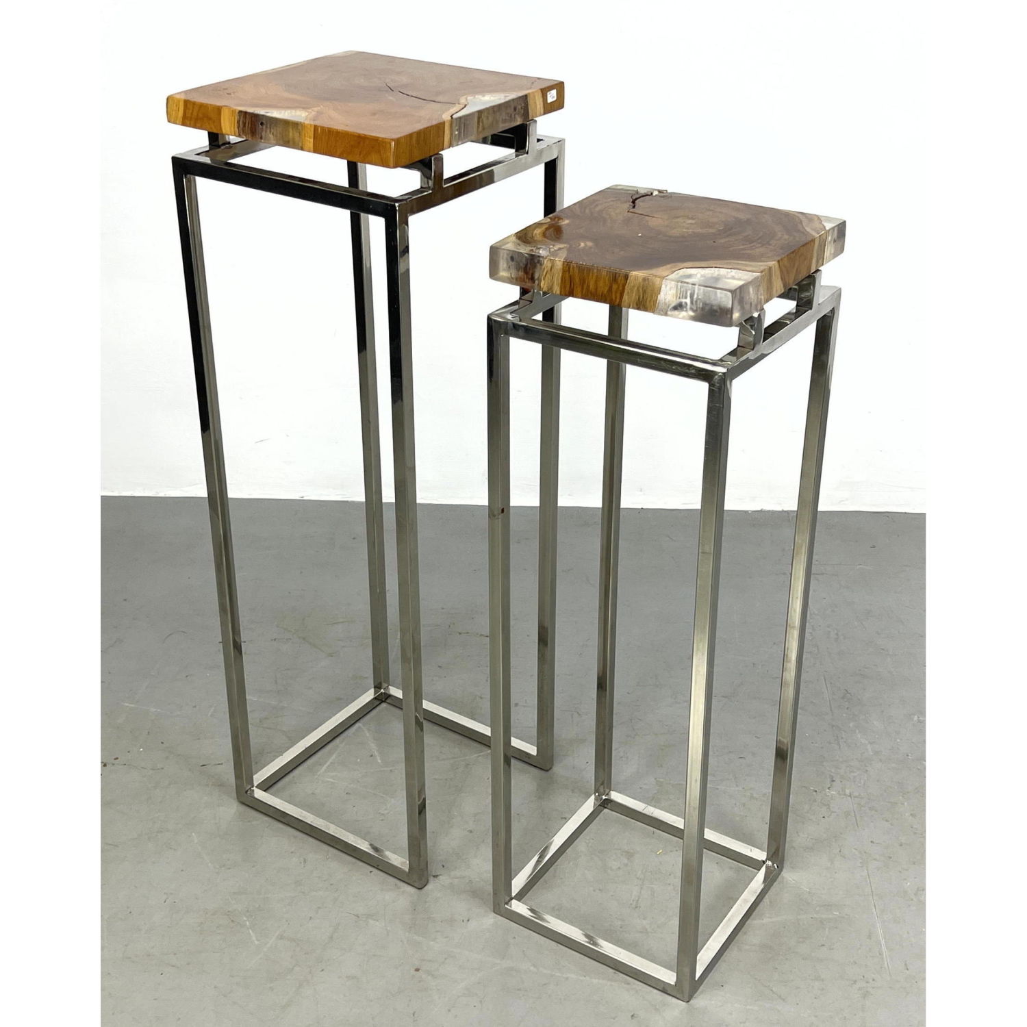 Appraisal: pcs Nesting Pedestal Stands Natural wood and acrylic tops on