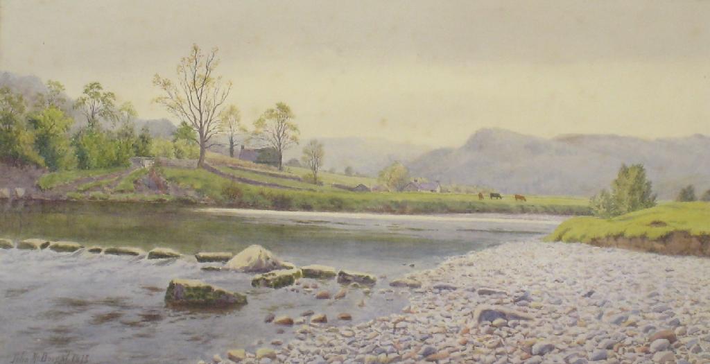 Appraisal: JOHN MACDOUGALL A tranquil river Landscape with cattle grazing signed