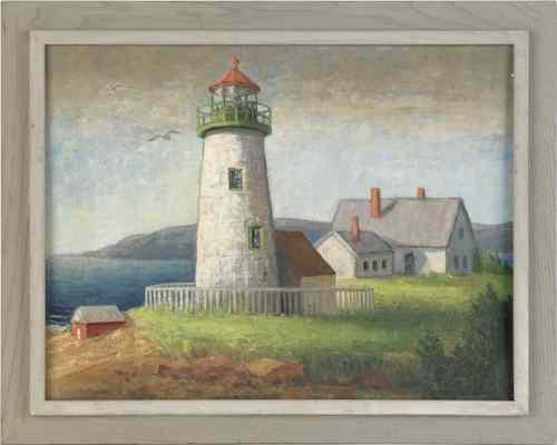 Appraisal: Oil on board harbor scene of a lighthouse signed Emily