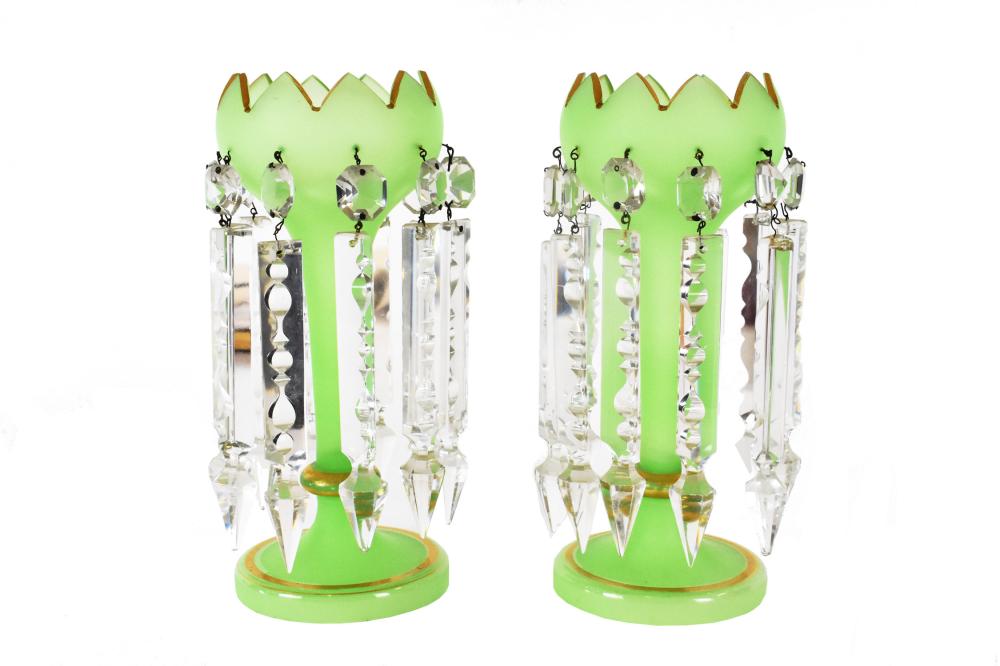 Appraisal: Circa Each tulip-shaped vessel hung with glass prisms Height in