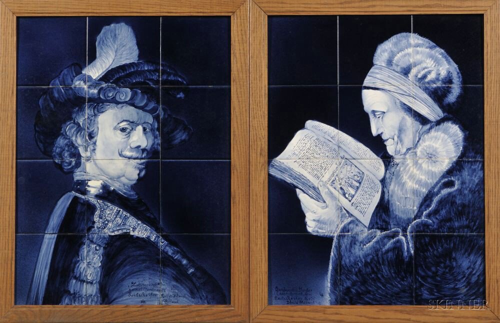 Appraisal: Two Framed Portraits Composed of Blue and White Delft Tiles