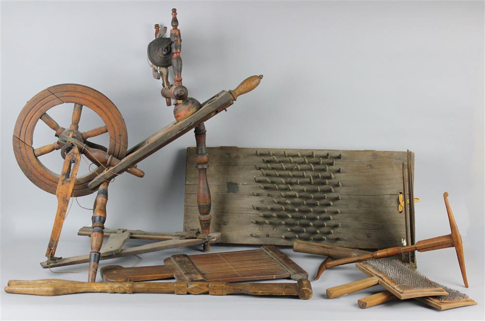 Appraisal: FLAX SPINNING WHEEL AND A COLLECTION OF TEXTILE TOOLS INCLUDING