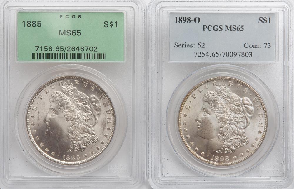 Appraisal: PCGS GRADED MORGANS MS -O MS Two Morgan silver dollars