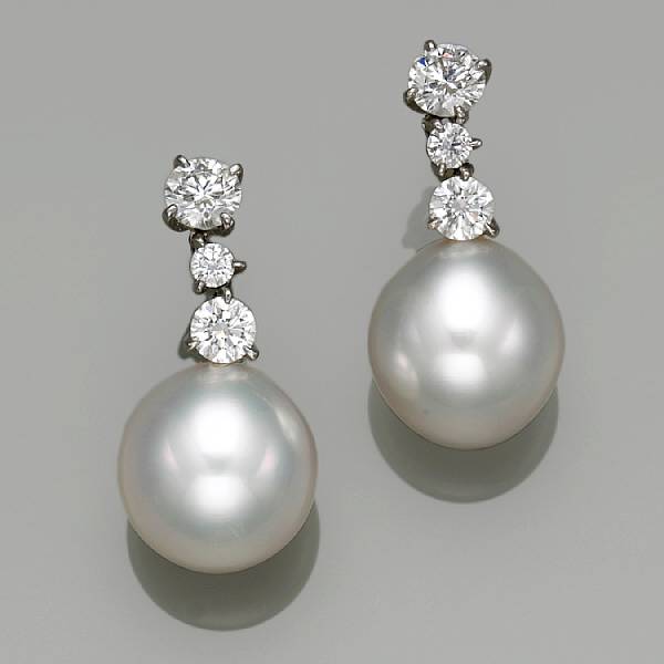 Appraisal: A pair of South Sea cultured pearl diamond and k