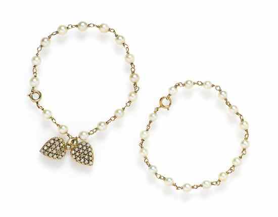 Appraisal: A Pair of Karat Yellow Gold and Cultured Pearl Bracelets