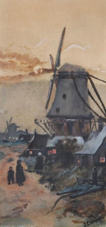 Appraisal: Illegibly signed Dutch watercolor landscape with windmill possibly signed J