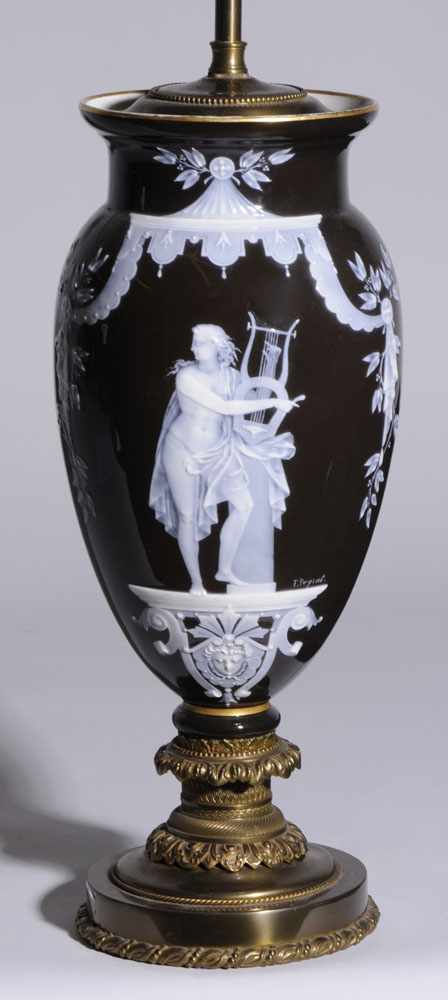 Appraisal: PATE-SUR-PATE ON MIRROR BLACK PORCELAIN VASE MOUNTED AS A LAMP