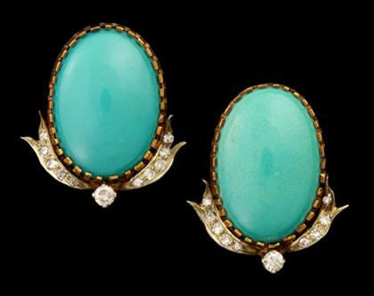 Appraisal: karat turquoise and diamond earrings Large ovoid turquoise disks in