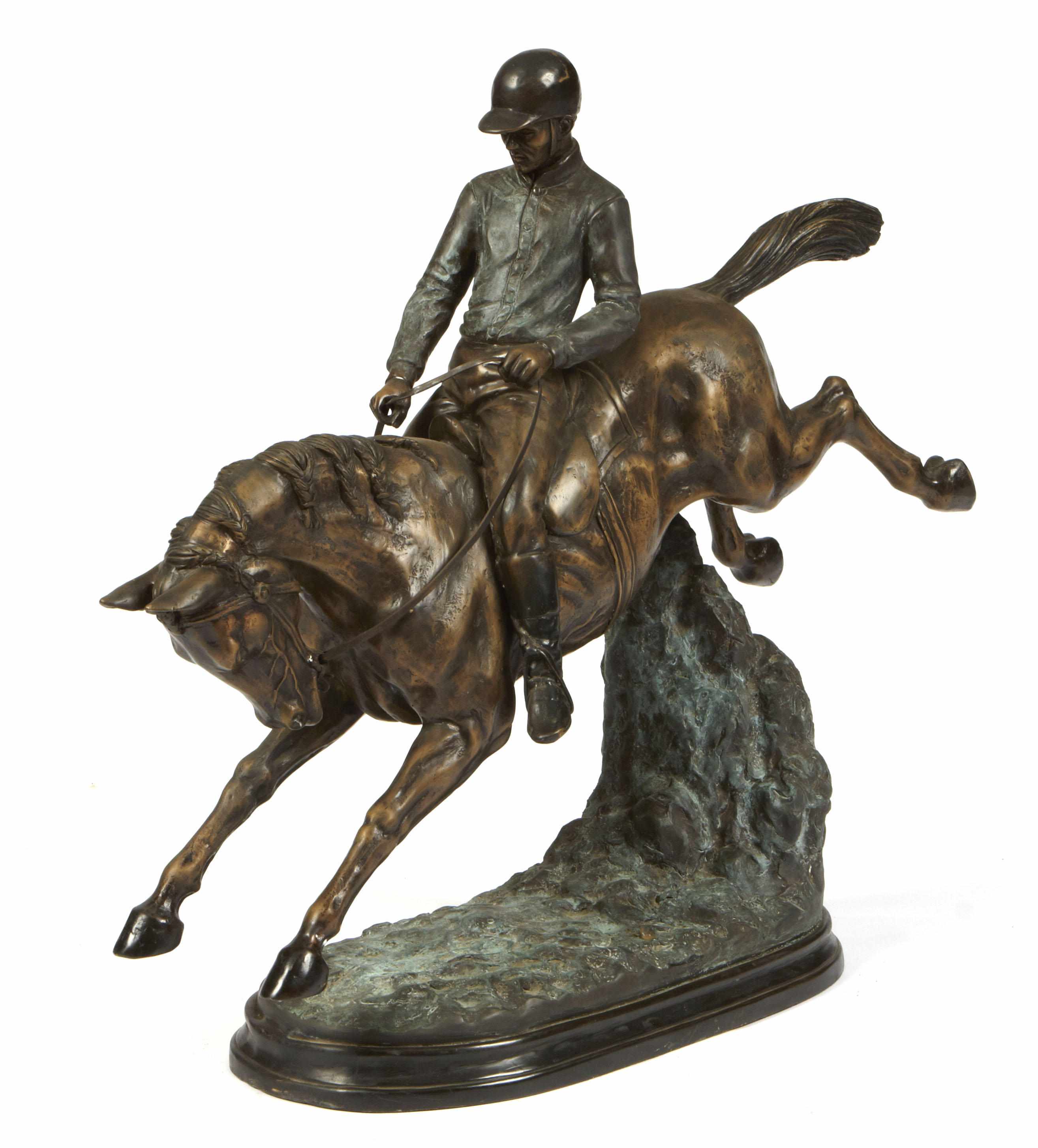 Appraisal: A patinated bronze figure of equestrian interest height in width