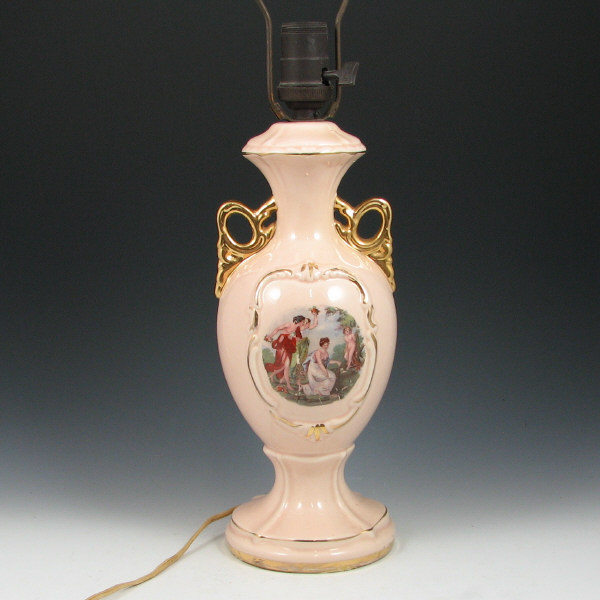 Appraisal: Hull L- Classic Lamp Pink gloss lamp with classical applique