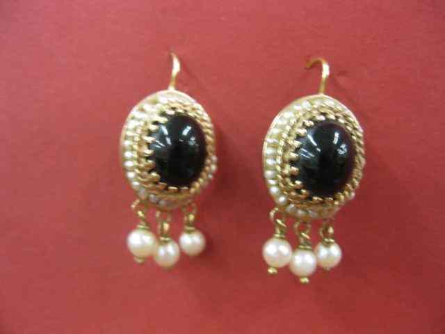 Appraisal: k Gold Onyx Pearl Earrings cabachons surrounded by pearls and