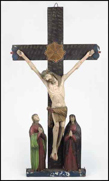 Appraisal: MEXICAN POLYCHROME WOOD AND TIN CROSS Depicting the Crucifixion H