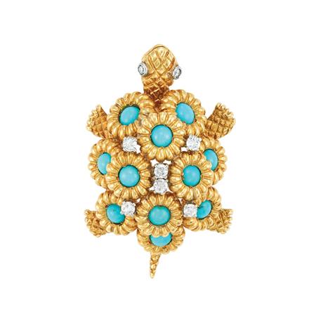 Appraisal: Gold Turquoise and Diamond Turtle Clip-Brooch Estimate -