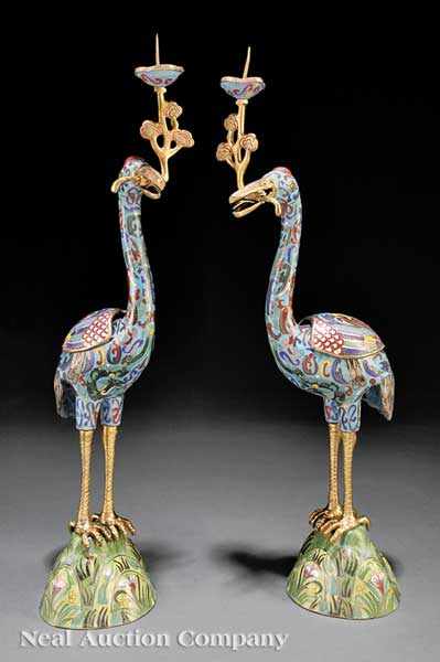 Appraisal: A Pair of Chinese Cloisonn Enamel Crane-Form Pricket Stands the