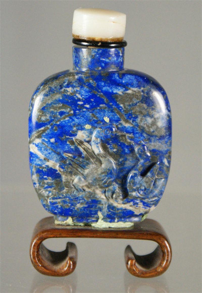 Appraisal: swan carved lapis lazuli snuff bottle agate stopper plus stand