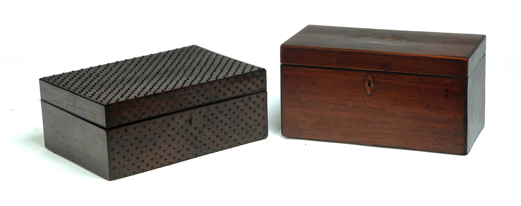 Appraisal: TWO WOOD BOXES England th century Mahogany tea caddy with