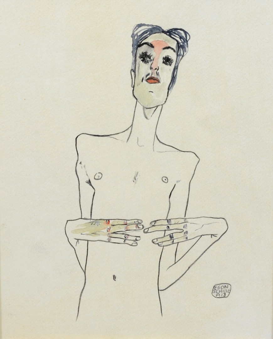 Appraisal: In the Manner of Egon Schiele pencil and watercolor Portrait