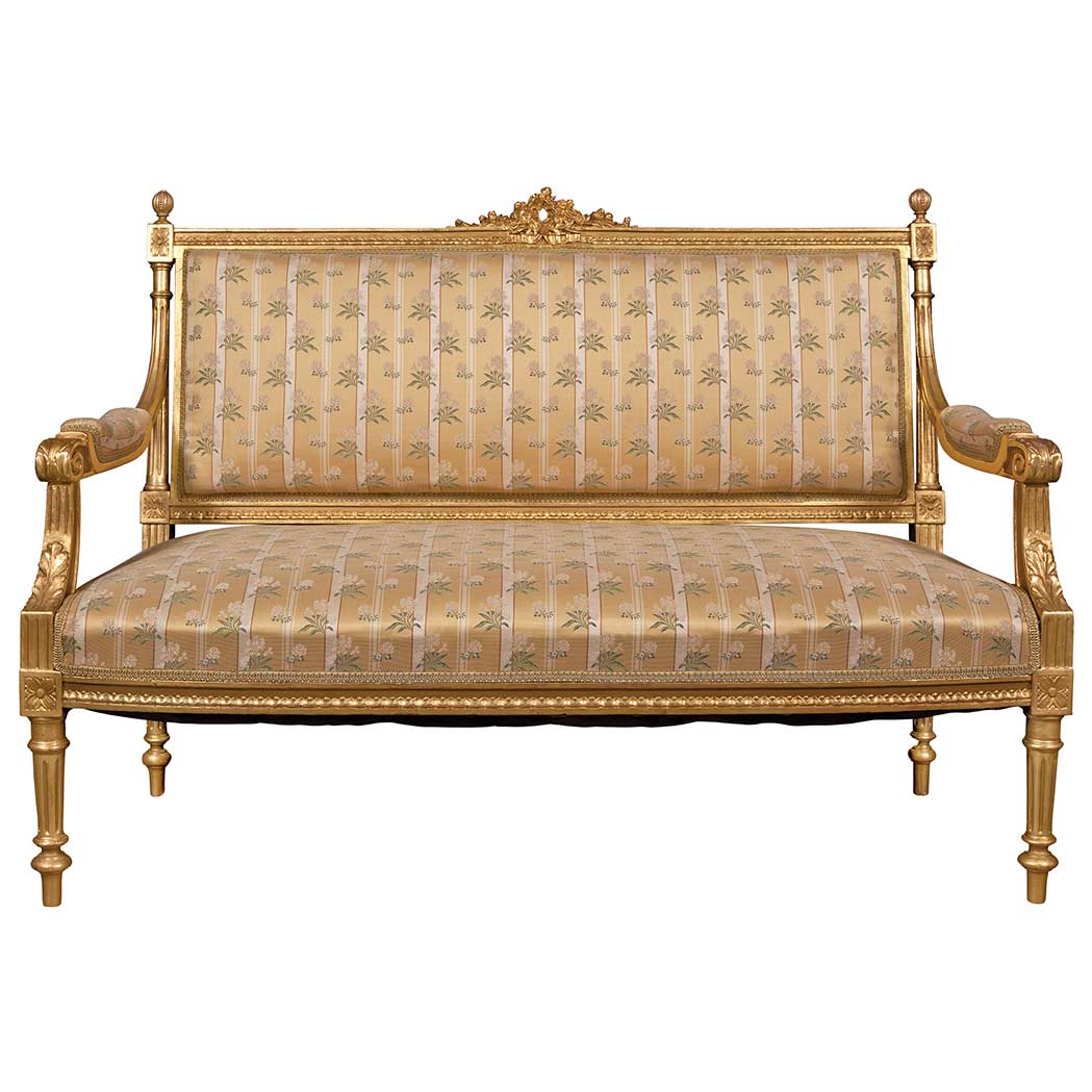 Appraisal: Louis XVI Style Carved and Giltwood Settee The straight top