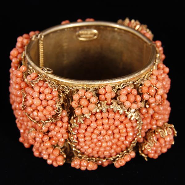 Appraisal: Miriam Haskell Coral Glass Beaded WIDE Cuff Bracelet widest point