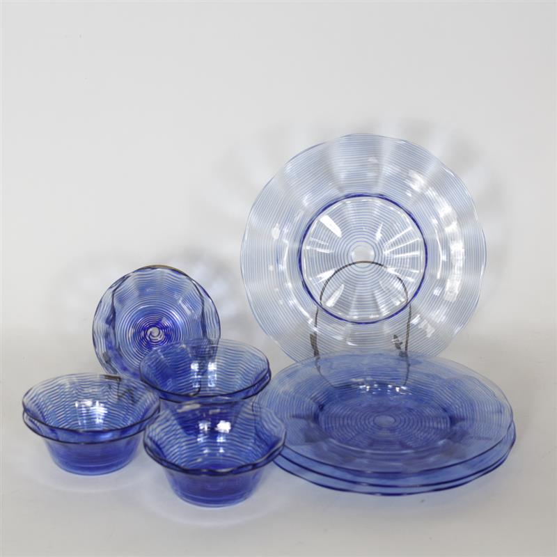 Appraisal: Twelve Libbey-Nash Blue-Thread American Art Glass Dinnerware Eight bowls and