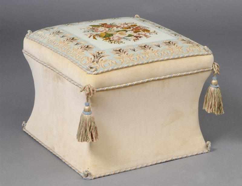 Appraisal: VICTORIAN STYLE NEEDLEWORK AND UPHOLSTERED OTTOMAN The square floral needlework