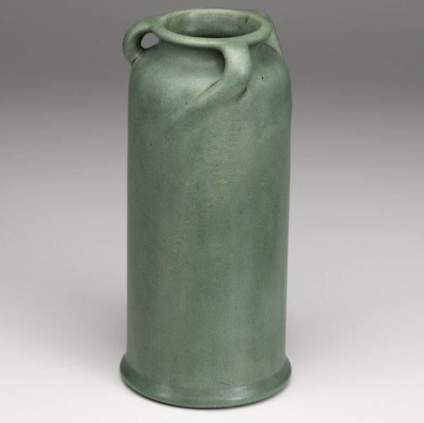 Appraisal: TECOCylindrical three handled matte green vaseStamped TECO x