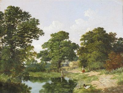 Appraisal: English School th Century Landscape with a woman near a