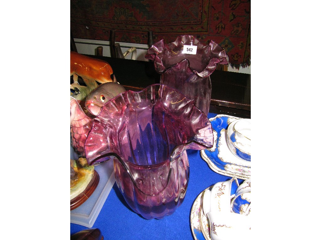 Appraisal: Lot comprising two art glass vases and two Balinese carved