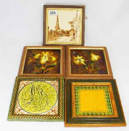 Appraisal: A collection of Various Pottery Tiles in Wooden Frames comprising