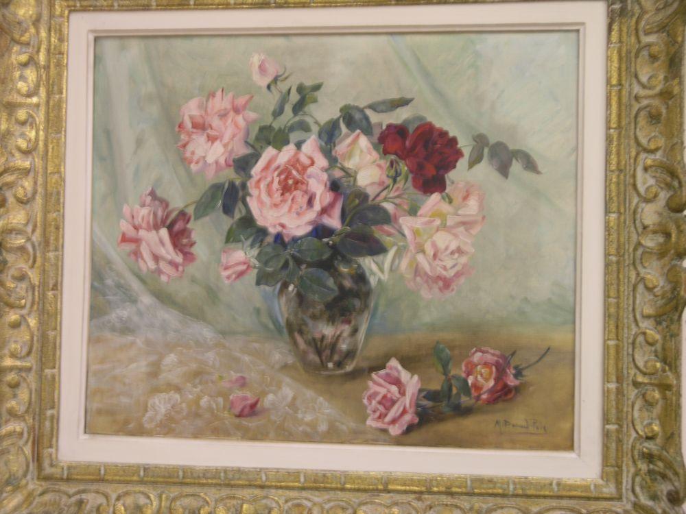 Appraisal: An oil on canvas still life vase of roses indistinctly