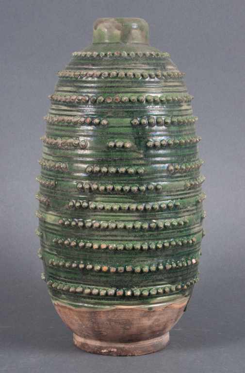 Appraisal: Chinese Tang-style green glazed jar with incised rings and geometric