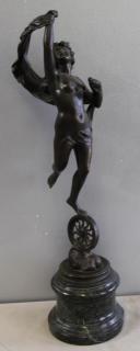 Appraisal: Unsigned Bronze Figure Atop Wheel on Marble Base From an