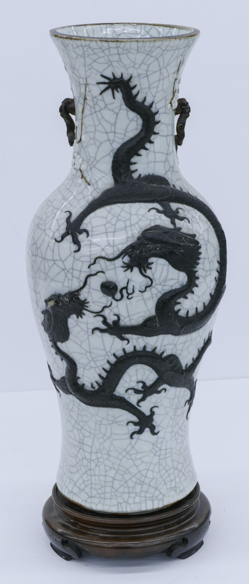 Appraisal: Chinese Qing Nanking Crackle Dragon Vase ''x '' Relief molded