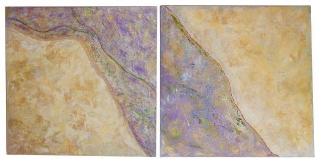 Appraisal: Unframed diptych abstract painting A River Runs Through It signed