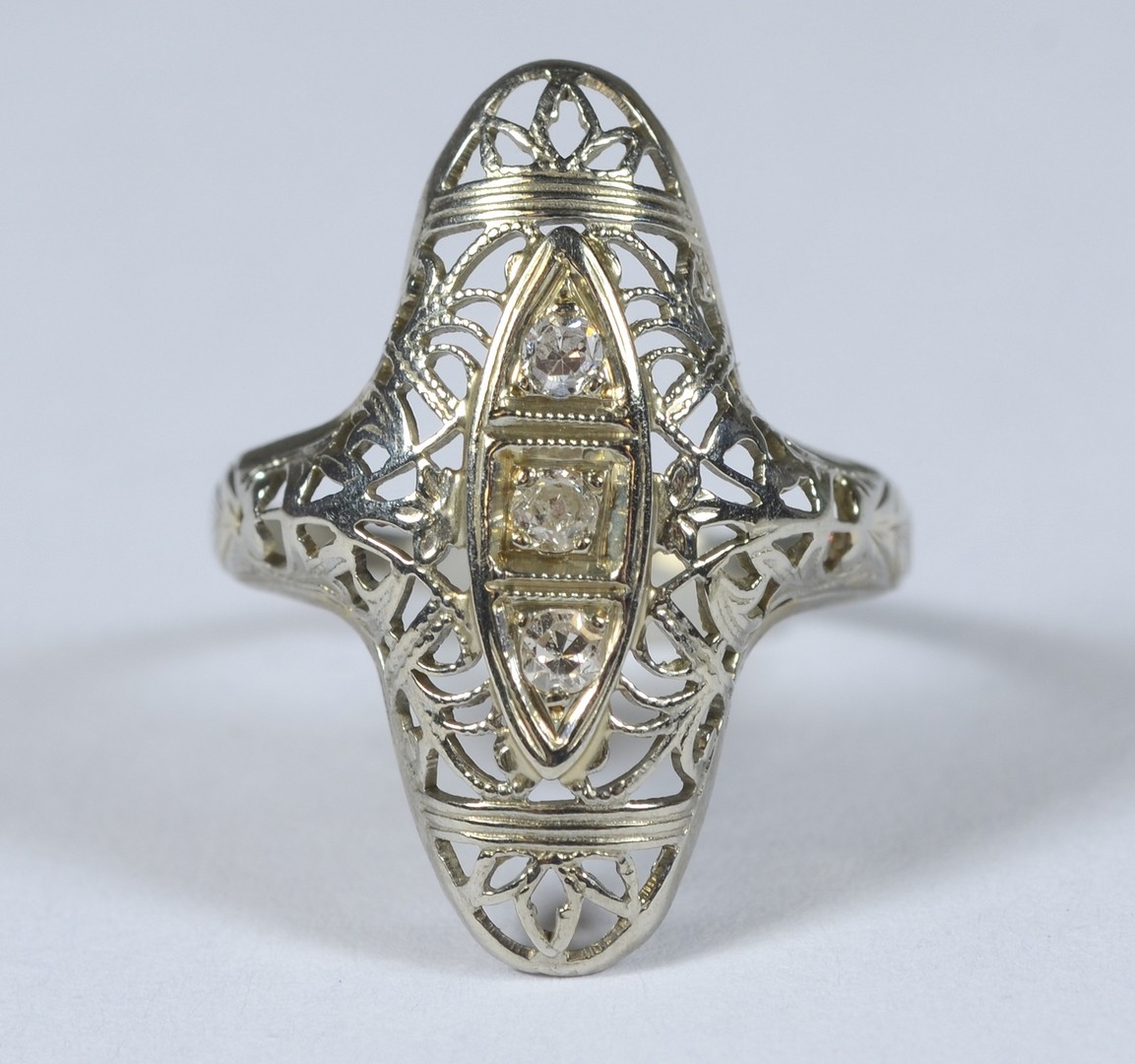 Appraisal: K WG filigree ring w small diamonds dwt size