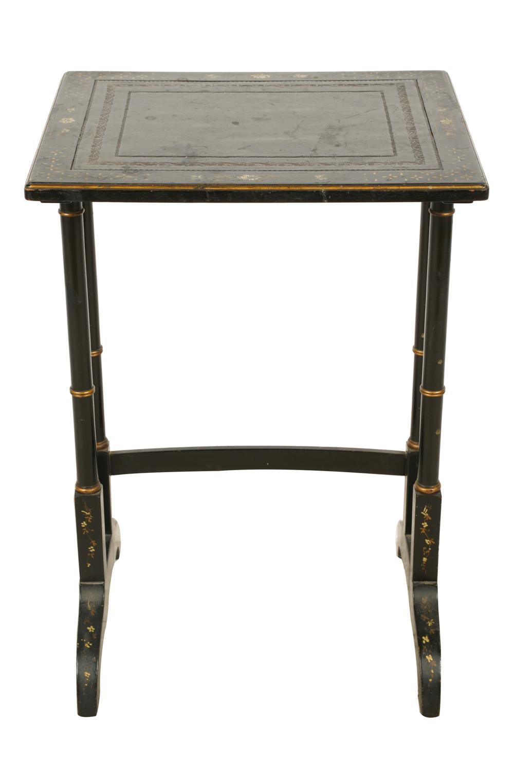 Appraisal: LEATHER-TOPPED EBONIZED GILT SIDE TABLE th century Condition with wear