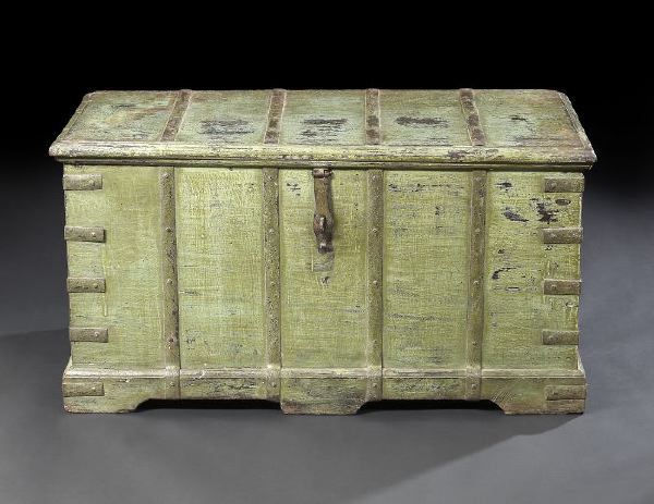 Appraisal: Anglo-Indian Polychromed Trunk late th century the rectangular top hinged