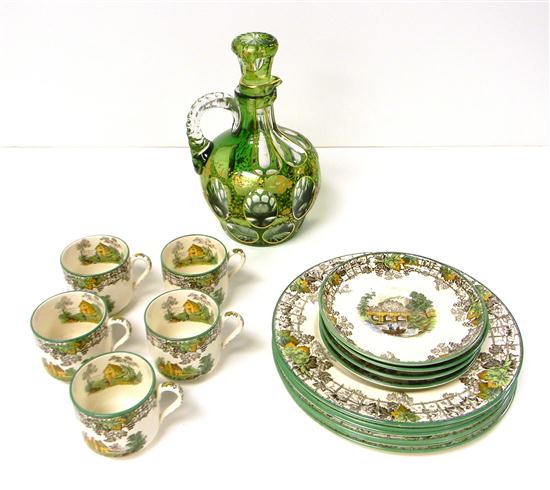 Appraisal: Green cut to clear decanter with handpainted gold leaves and