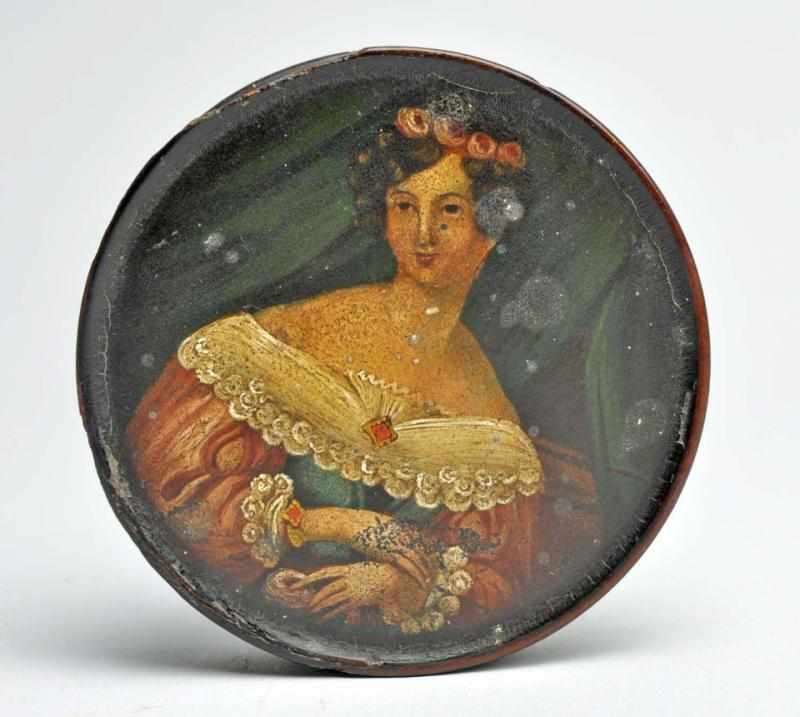 Appraisal: Rare Wooden Snuff Box with Hand-painted Lady Circa Small piece