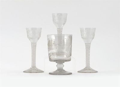 Appraisal: Three wine glasses the shallow bowls each engraved with a