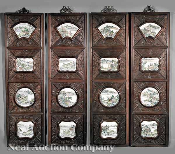 Appraisal: A Set of Four Chinese Carved Wood Panels with Famille