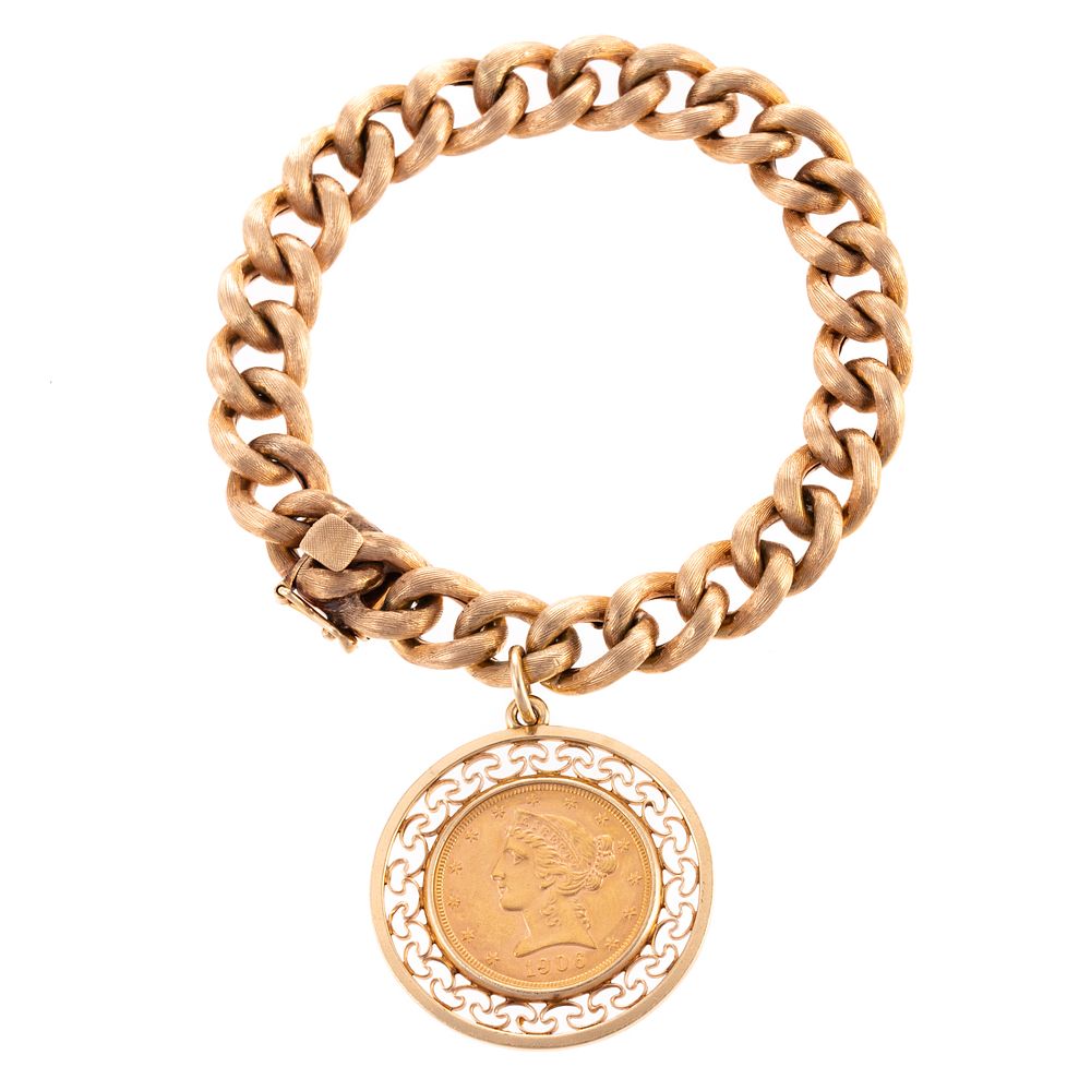 Appraisal: A Gold Coin Charm Bracelet K yellow gold florentine finish