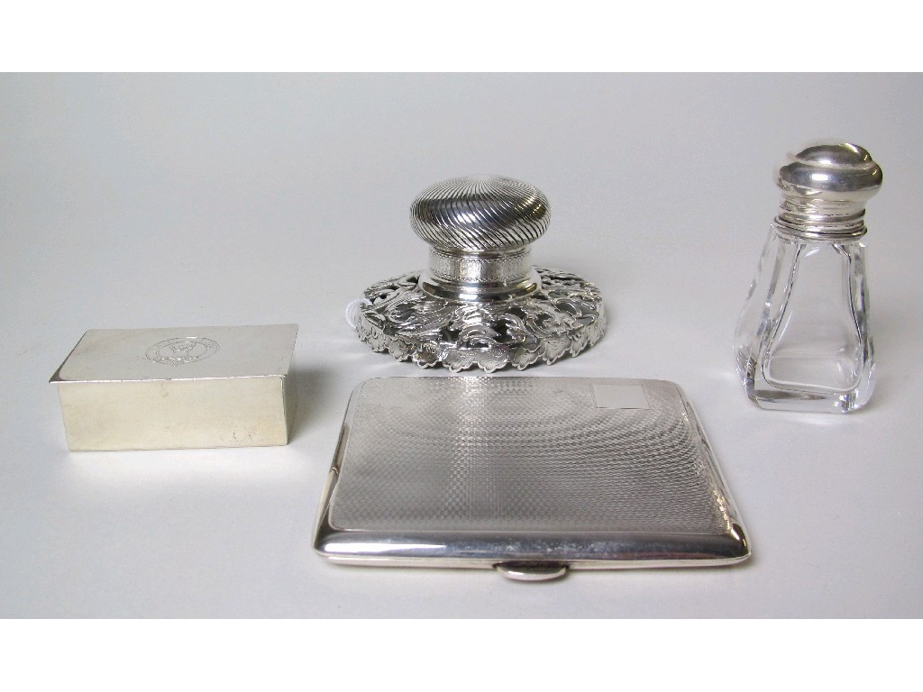 Appraisal: Lot comprising silver cigarette case snuff box silver topped scent