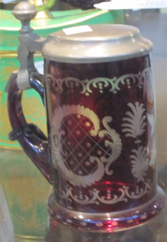 Appraisal: BOHEMIAN GLASS STEIN Ruby cut to clear with pewter mount