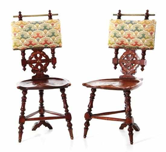 Appraisal: Pair Continental mother-of-pearl inlaid carved walnut hall chairs late th