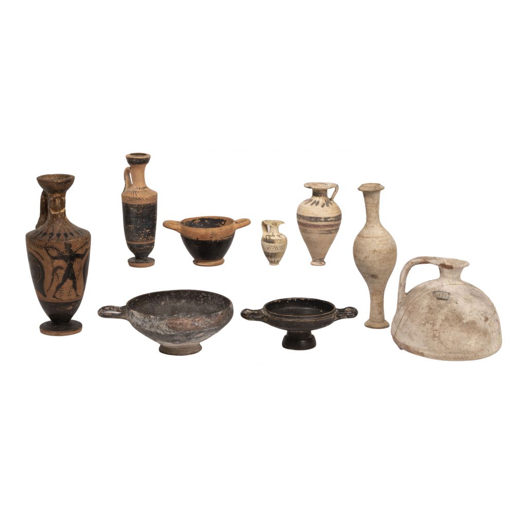 Appraisal: GREEK CLASSICAL POTTERY ASSORTMENT items including a black-figure lekythos a