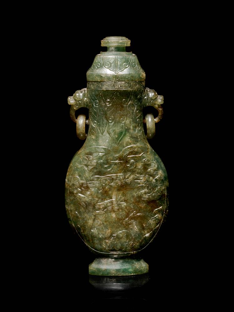 Appraisal: A Carved Spinach Green Jade Ring-Handled Vase and Cover Height