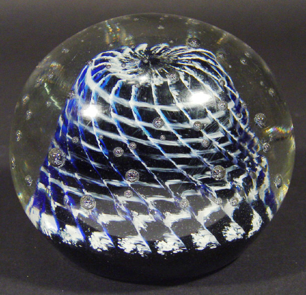 Appraisal: Large glass domed paperweights with blue and white inclusions cm